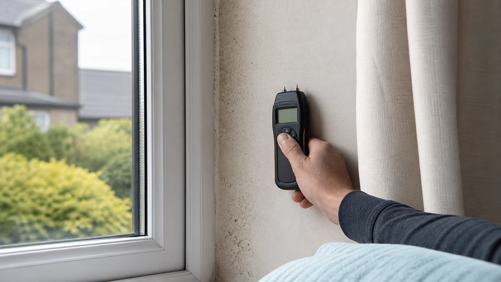 Moisture meter scanning an external wall reveal next to new double-glazed windows