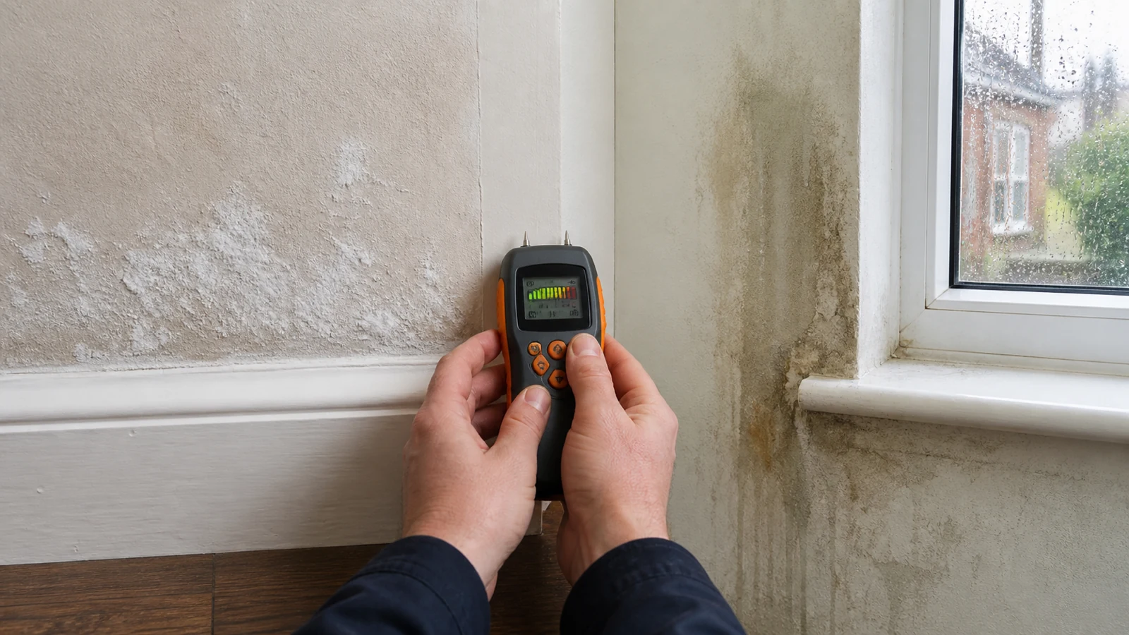 Comparing salt bloom and a damp wall patch with a dual-mode moisture meter