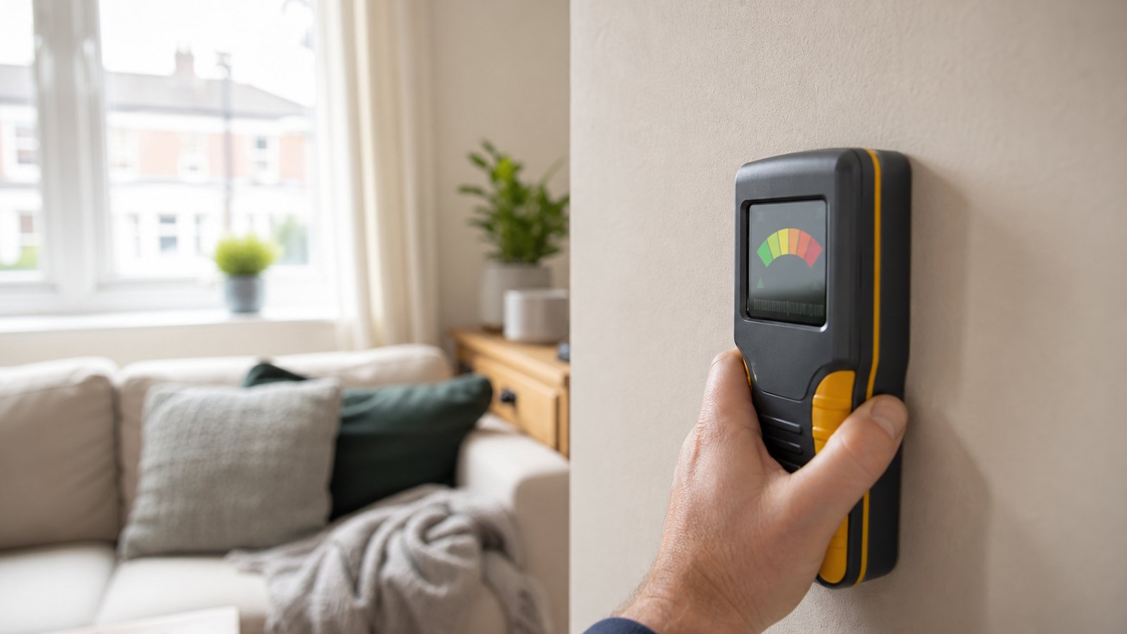 Pinless damp moisture meter screening a UK home wall