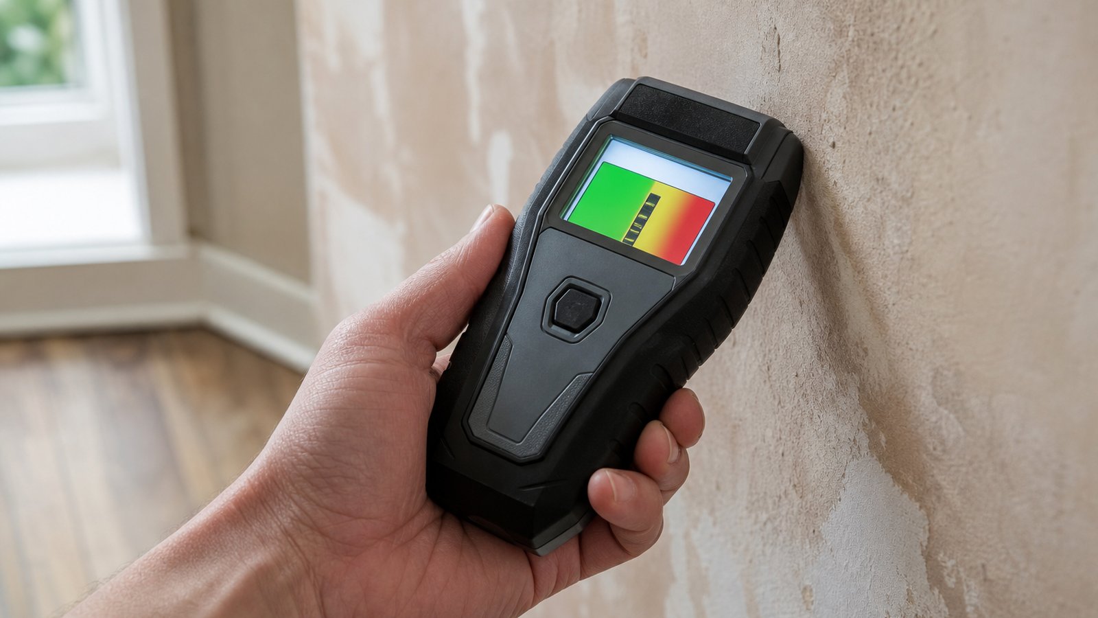 Pinless damp moisture meter screening a UK home wall
