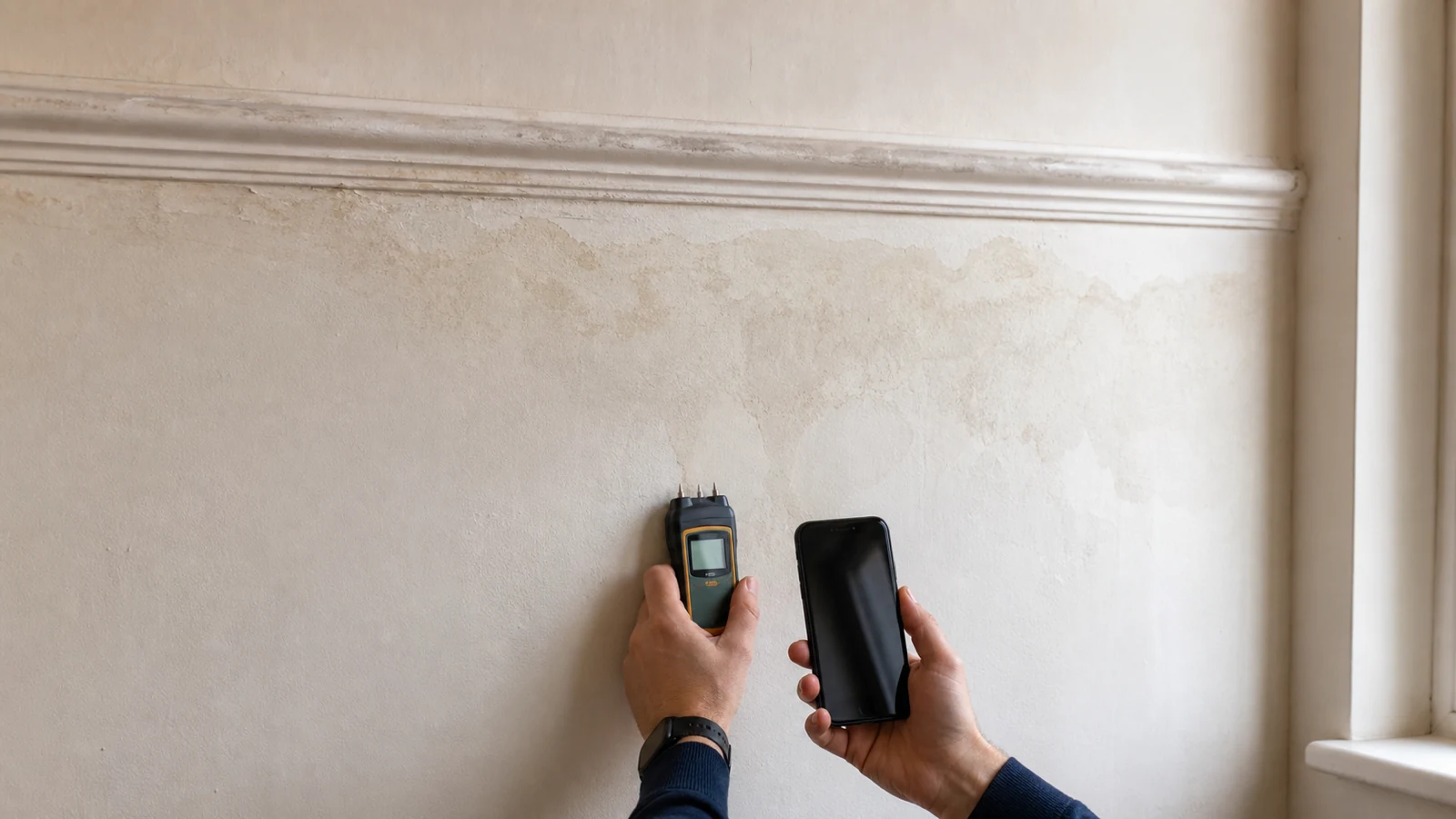 Homeowner photographing moisture meter readings on a stained UK party wall